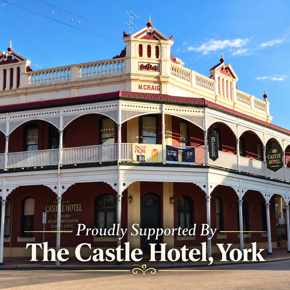 The historic Castle Hotel in York with its two storey verandah, with the words Proudly Supported By The Castle Hotel, York