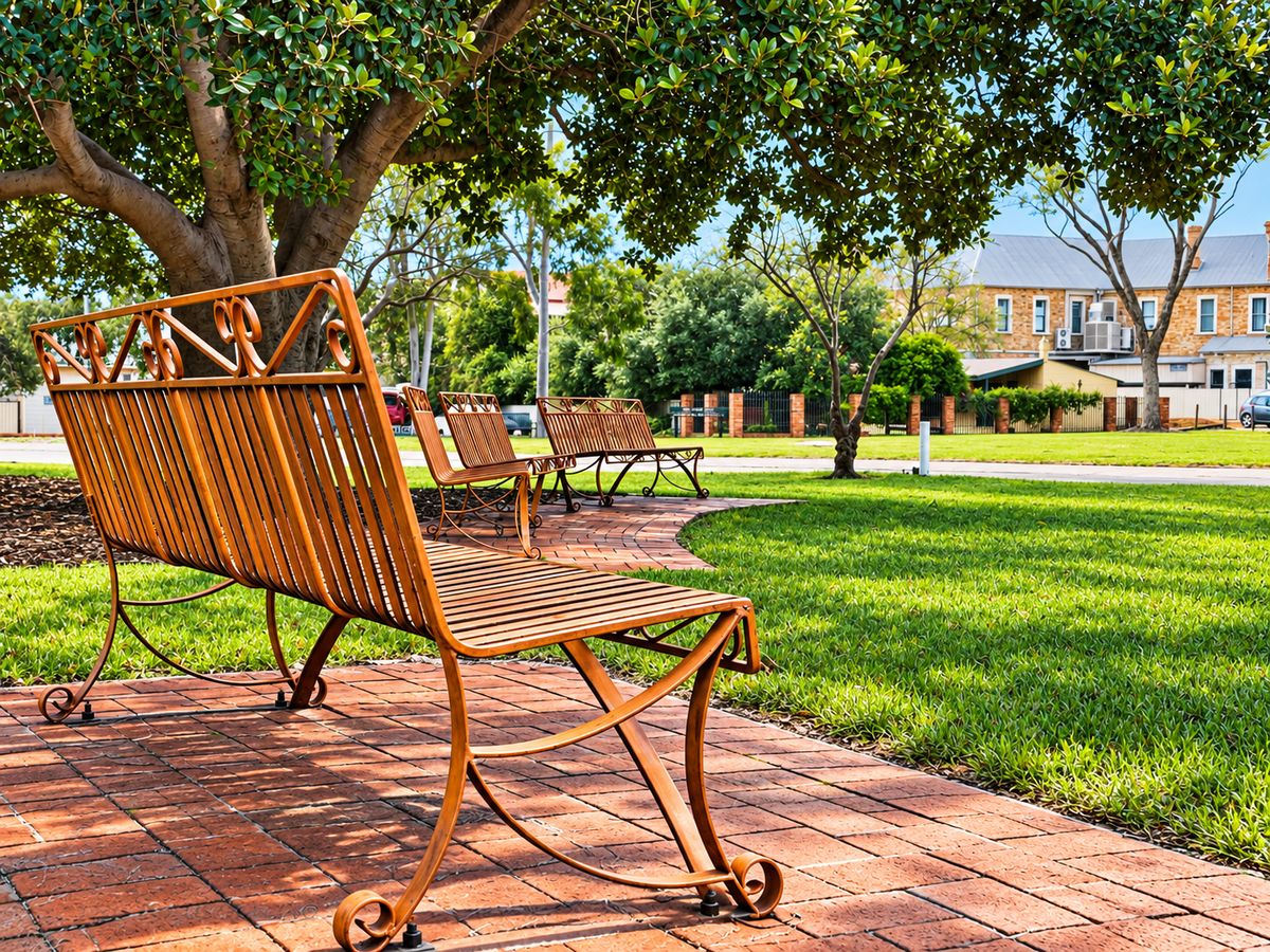 Wrought iron benches under a shady fig tree in a York park