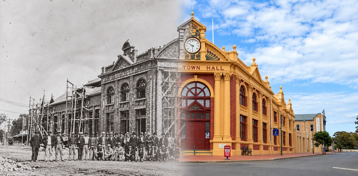 York Town Hall in a then and now image, a historic black and white photo of the building under construction blending into the building as it looks today